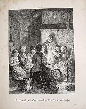 Seller image for Urahne erzhlt, es lauschen die Mdchen beim schnurrenden Rdchen" originale Kreide-Lithographie ca.20x15cm (Darstellung/Image size) auf Japan nach Vautier von Ulffers auf Kunstdruck-Karton (25x20cm) montiert; for sale by Kunsthandel & Antiquariat Magister Ru