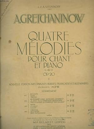 Image du vendeur pour QUATRE MELODIES POUR CHANT ET PIANO - OP.20 - N2 : IL S'EST TU, LE CHARMANT ROSSIGNOL - PIANO + CHANT AVEC PAROLES FRANCAISE / ALLEMANDES / RUSSES. mis en vente par Le-Livre