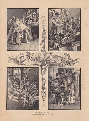 Im Affentheater, Blatt mit vier einzelnen Holzstichen um 1880 nach Originalzeichnung von C.W. All...