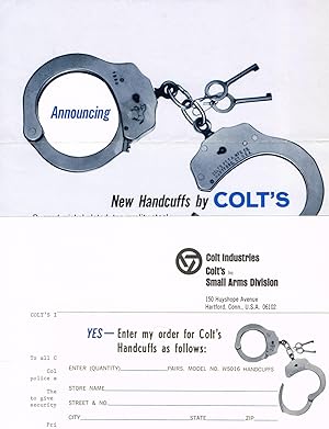 ANNOUNCING.New Handcuffs by COLT'S with 1970 letter and order Post Card