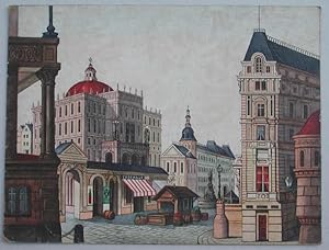 Stadt mit Palast, Gasthaus und Marktbude. Hintergrund.