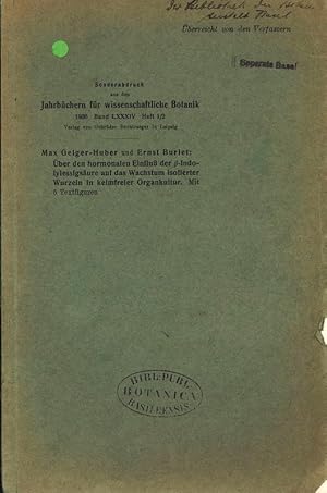 Seller image for ber den hormonalen Einflu der -Indo-lylesslgsure auf das Wachstum isolierter Wurzeln in keimfreier Organkultur. Sonderabdruck aus den Jahrbchern fr wissenschaftliche Botanik 1936, Band LXXXIV, Heft 1/2. Verlag von Gebrder Borntraeger in Leipzig. for sale by Antiquariat Bookfarm