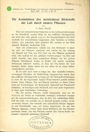 Seller image for Die Assimilation des molekularen Stickstoffs der Luft durch niedere Pflanzen. Abdruck aus: Verhandlungen der Schweizer. Naturforschenden Gesellschaft, Basel 1927. II. Teil, S. 59-76. for sale by Antiquariat Bookfarm