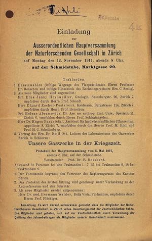 Bild des Verkufers fr Einladung zur Ausserordentlichen Hauptversammlung der Naturforschenden Gesellschaft in Zrich auf Montag den 12. November 1917, abends 8 Uhr, auf der Schmidstnbe, Marktgasse SO. zum Verkauf von Antiquariat Bookfarm