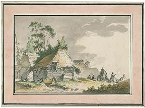 Holzhütten, im Hintergrund eine Windmühle; im Vordergrund rechts ein Pferdefuhrwerk und zwei rast...