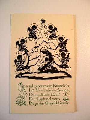 "Uns ist geboren. Scherenschnitt von G(ertrud) Januszewski, darunter 5-zeiliger Spruch (Weihnacht...