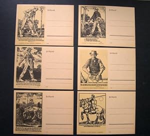 Konvolut von 10 Feldpostkarten mit 6 verschiedenen Motiven (Bauern, Handwerker, Krieger).