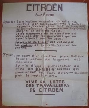 Affiche Mai 68: Citroën, 6 et 7 juin. Vive la lutte des travailleurs de Citroën. Atelier populair...