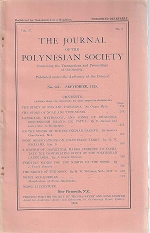 Bild des Verkufers fr The Journal of the Polynesian Society. Vol. 37, No. 3. No. 147. September 1928. zum Verkauf von Tinakori Books