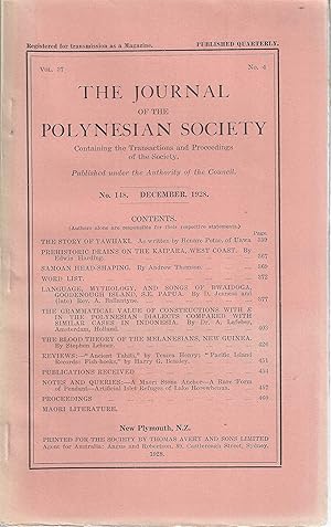 Bild des Verkufers fr The Journal of the Polynesian Society. Vol. 37. No. 4. No. 148. December 1928. zum Verkauf von Tinakori Books