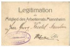 Legitimation als Mitglied des Arbeiterrats Mannheim für Herrn Georg Keidel Mannheim. Mit violette...