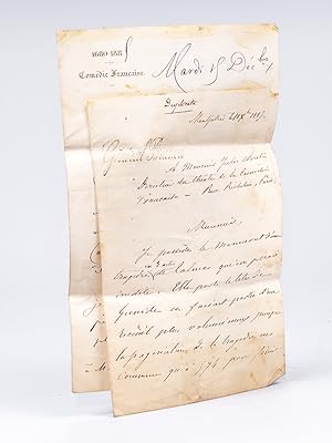 Image du vendeur pour Lettre autographe signe de Georges Monval, Bibliothcaire Archiviste de la Comdie Franaise, au Gnral Brunon [  propos des pices de Talma joues  la Comdie Franaise ] Mardi 15 dcembre 1885 "Monsieur, j'ai l'honneur de vous informer qu'aucune pice de Talma n'a t reprsente ni soumise au Comit de lecture de la Comdie-Franaise. Je dois ajouter que, dans sa jeunesse, Talma a crit quelques pices et que, plus tard, il a remani plusieurs tragdies, notamment l'Hamlet de Ducis, son ami. J'ai vu passer, il y a quatre ans, en vente publique, une lettre  Talma, date de 1786 (il avait alors 23 ans), dans laquelle il dit avoir une pice de thtre  l'examen et d'autres en tte". Jointe contrecolle en tte le duplicata de la lettre du Gnral Brunon adresse  Jules Claretie, Directeur du thtre de la Comdie-Franaise : "Monsieur, je possde le manuscrit d'une tragdie en trois actes de Talma qui est je crois indite. Elle porte le titre de Gunide [ ? ] et faisait parti d'u mis en vente par Librairie du Cardinal