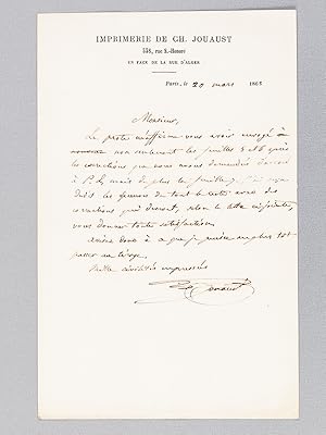 1 billet autographe signé sur papier à en-tête de l'Imprimerie de Ch. Jouaust daté du 20 mars 186...