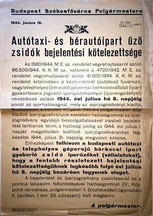 Autótaxi- és bérautóipart üzö zsidók bejelentési kötelezettsége. / Autótaxi- és bérautóipart Å±zÅ...