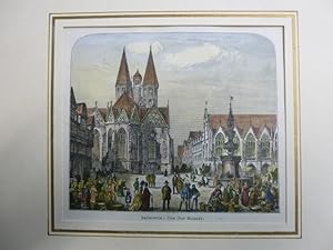 Brunswick Markt Old Market Braunschweig orig. Holzstich koloriert