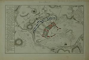 Bild des Verkufers fr Zorndorf. "Plan der Bataille welche von der Kayserl. Russischen und Knigl. Preussischen Armee d. 25. Aug. 1758 bei Zorndorf ohnweit Cstrin geliefert worden." Schlachtenplan von Zorndorf. Kupferstich mit farbigen Truppenaufstellungen aus "Neues Kriegs-Theater .", No. 17. zum Verkauf von Antiquariat  Braun