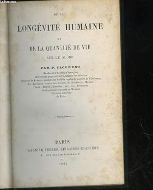 Bild des Verkufers fr DE LA LONGEVITE HUMAINE ET DE LA QUANTITE DE VIE SUR LE GLOBE zum Verkauf von Le-Livre