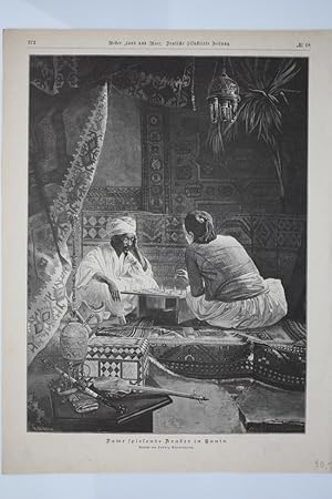 Dame spielende Araber in Tunis, Holzstich um 1890 nach einem Gemälde von Ludwig Scheuermann (1859...