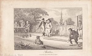 Kegeln, Skittles, original Kupferstich aus dem Jahr 1801 von J. Wheble, Blattgröße: 12,7 x 20,7 c...