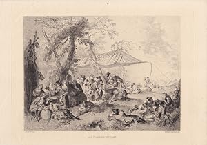 Les Plaisirs du Camp, schöner Kupferstich 1873 von Adolphe Lalauze nach Jean Baptiste Joseph Pate...