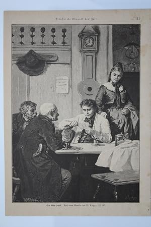 Ein böses Spiel, Holzstich um 1880 nach einem Gemälde von W. Rögge, Blattgröße: 30,5 x 21,7 cm, r...