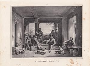 Streitende Banditen, Lithographie um 1840 mit Blick in einen Innenraum, bewaffnete Banditen sind ...