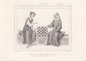 Schach, Otto IV. von Brandenburg beim Schachspiel, originaler Stahlstich um 1860 von Pigeot nach ...