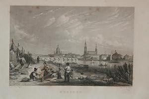 Dresden - (unverbaute) Ansicht vom Elbufer her auf die Stadt. Stahlstich von Payne nach Wagner