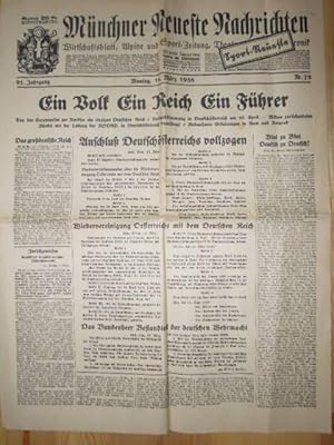 Münchner Neueste Nachrichten Nr. 73 vom 14. März 1938. Titelseite mit der Schlagzeile "Ein Volk E...