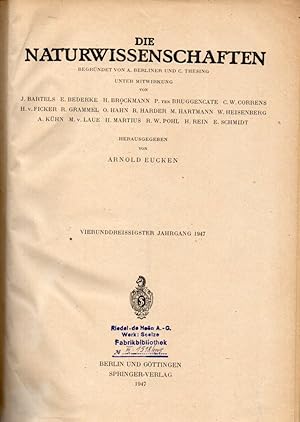 Bild des Verkufers fr Die Naturwissenschaften 34.Jahrgang 1947 Heft 1 bis 12 (1 Band) zum Verkauf von Clivia Mueller