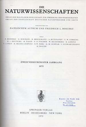 Bild des Verkufers fr Die Naturwissenschaften 62.Jahrgang 1975. Heft 1 bis 12 (1 Band) zum Verkauf von Clivia Mueller