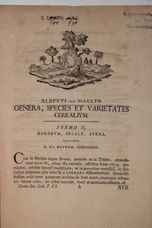 Bild des Verkufers fr Genera. species et varietates cerelaium. Sermo II: Hordeum, Secale, Avena. zum Verkauf von Antiquariat  Braun