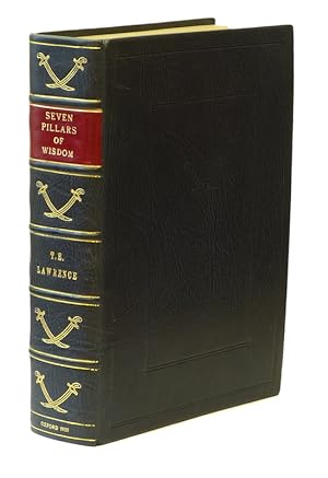 Seller image for Seven Pillars of Wisdom. A Triumph. London, Jonathan Cape, 1935. 4:o. 672 pp.+ 3 facimiles,+ 48 plates, of which 4 in colour,+ 4 folding maps. With tissue guards to the colour plates. Full blue morocco, gilt spine with raised bands and red label, double crossed swords in compartments, blind stamped boards with the swords on front, top edge gilt. Limited editon of 750 numbered copies, of which this is nr 59, issued a day before the trade edition. Inserted is the Lawrence of Arabia Memorial pamphlet. (4) pp. O?Brien A041. This edition published at July 29, 1935 and the trade edition at July 30. This limited edition contains three extra facsimiles, not present in the trade edition, and four plates in colour, black and white in the other. This copy has also the frontispice portrait, which O?Brian does not mention to the limited edition. This is the third edition, but the first public. The book was first printed for friends in 1922 and to subscribers in 1926. for sale by Centralantikvariatet