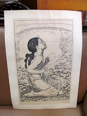 Frühlingssehnsucht - Knieendes Mädchen nach rechts. Lithographie um 1900 - signiert. ( spring yea...