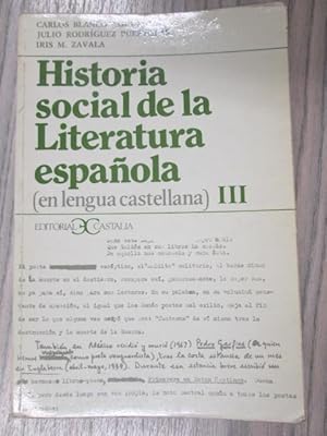 Imagen del vendedor de HISTORIA SOCIAL DE LA LITERATURA ESPAOLA (EN LENGUA CASTELLANA) III a la venta por LIBRERIA AZACAN