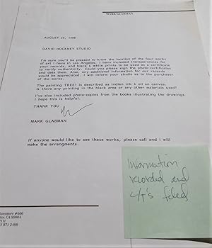 Image du vendeur pour Original Typed And Signed One-Page Letter (August 26, 1988) From Mark Glabman To The David Hockney Studio (1988) mis en vente par Bloomsbury Books