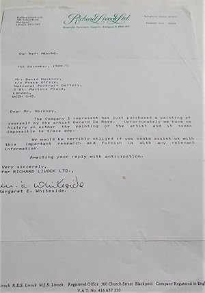 Image du vendeur pour Original Signed One-Page Letter (December 7, 1988) From Margaret E. Whiteside of Richard Livock Ltd. to artist David Hockney mis en vente par Bloomsbury Books