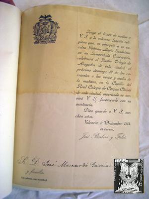 INVITACIÓN A SR D JOSÉ MOSCARDO GARCÍA, del Ilustre Colegio de Abogados de Valencia. 1914