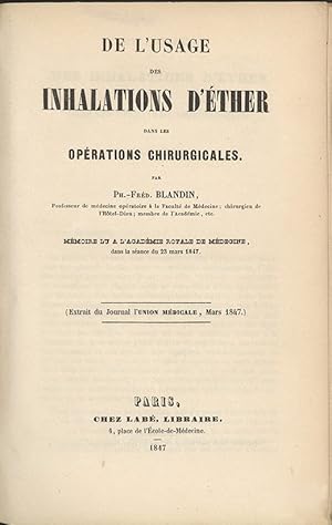 Seller image for De l'usage des inhalations d'ether dans les operations chirurgicales for sale by Jeremy Norman's historyofscience