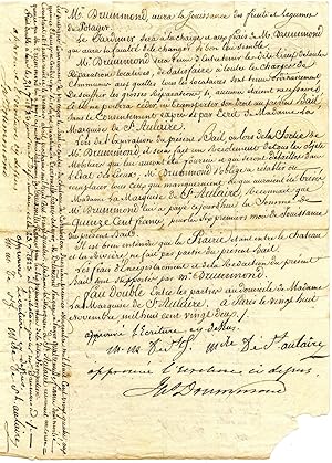 Image du vendeur pour Legal agreement, in French, between Drummond and the Marquise de St. Aulaire, for the leasing by Drummond of the Chateau de Courbeton. Signed by both parties ('Mise De St. Aulaire' and 'Jas Drummond'). mis en vente par Richard M. Ford Ltd