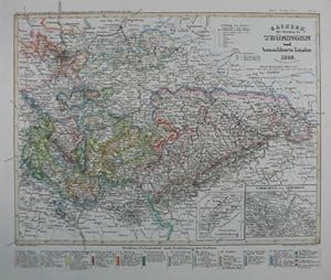 Sachsen, die Staaten in Thüringen und benachbarte Länder. Grenzkolorierte Stahlstich-Karte v. Ren...