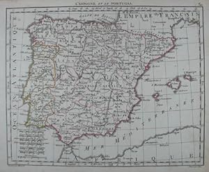 L'Espagne et le Portugal. Grenzkolorierte Kupferstich-Karte aus Herisson "Atlas portatif" Paris, ...