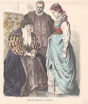 Polnische Edelleute in Hoftracht, altkolorierter Holzstich um 1880, Blattgröße: 18,5 x 16 cm, rei...