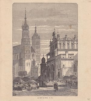 Krakau Marktplatz, Holzstich um 1860, Blattgröße: 23,5 x 21 cm, reine Bildgröße: 21,5 x 15 cm.