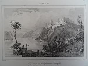 St. Goar et ruines de la forteresse Rheinfels. Stahlstich v. Cholet, um 1850. 10 x 15 cm.