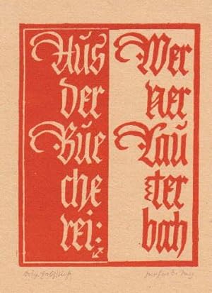 Bild des Verkufers fr Exlibris fr Werner Lauterbach. Holzschnitt von Gerhard Tag, unten rechts mit Bleistift signiert. zum Verkauf von Antiquariat Heinz Tessin