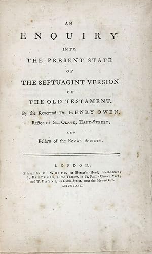 Bild des Verkufers fr An Enquiry into The Present State of The Septuagint Version of the Old Testament zum Verkauf von ERIC CHAIM KLINE, BOOKSELLER (ABAA ILAB)