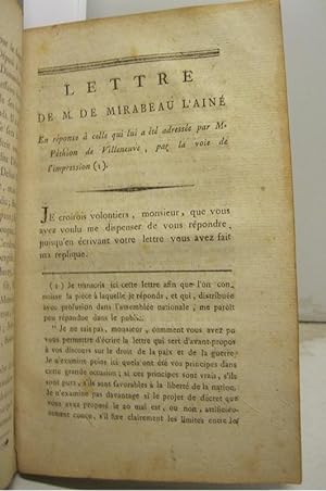Lettre de M. De Mirabeau l'aine' en re'ponse a' celle qui lui a e'te' addresse'e par M. Pe'thion ...