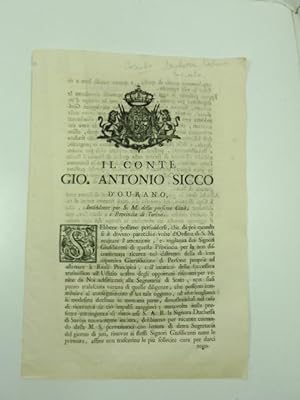 Il conte Gio. Antonio Sicco d'Ourano intendente per S. M. della presente citta' e provincia di To...