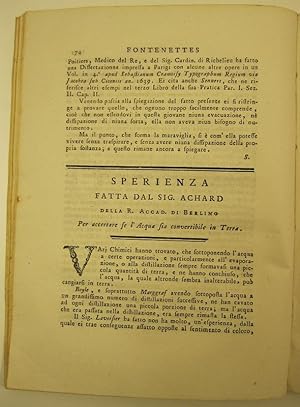 Sperienza fatta dal sig. Achard della R. Accad. di Berlino per accertare se l'acqua sia convertib...